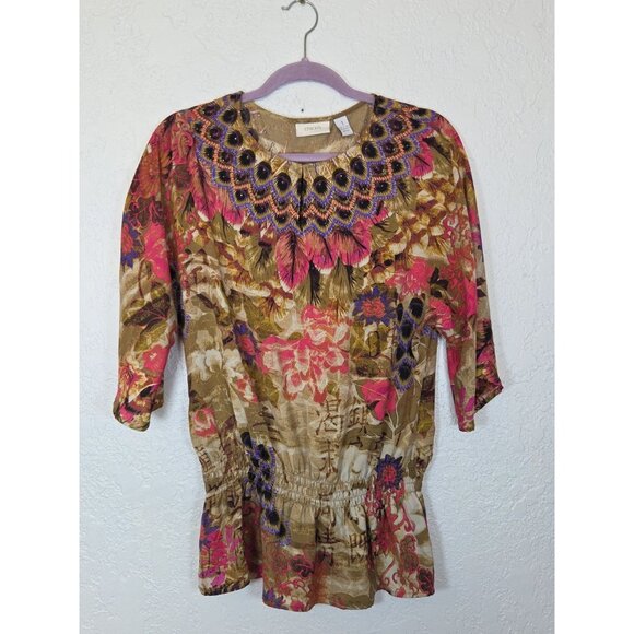 Chicos Top Women Size 1 Studded T-Shirt Cinched Waist Top Ket Hole - Picture 1 of 5